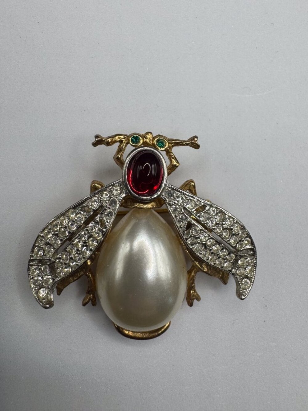 Donald Stannard Bee Brooch Faux Pearl Rhinestone Red Cabochon Pin